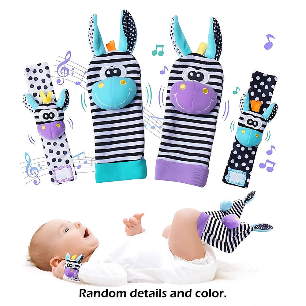 4Pcs Baby Rattle Toys Cute Stuffed Animals Wrist Rattle Foot Finder Socks 0~24 Months for Infant Boy Girl Newborn Gift