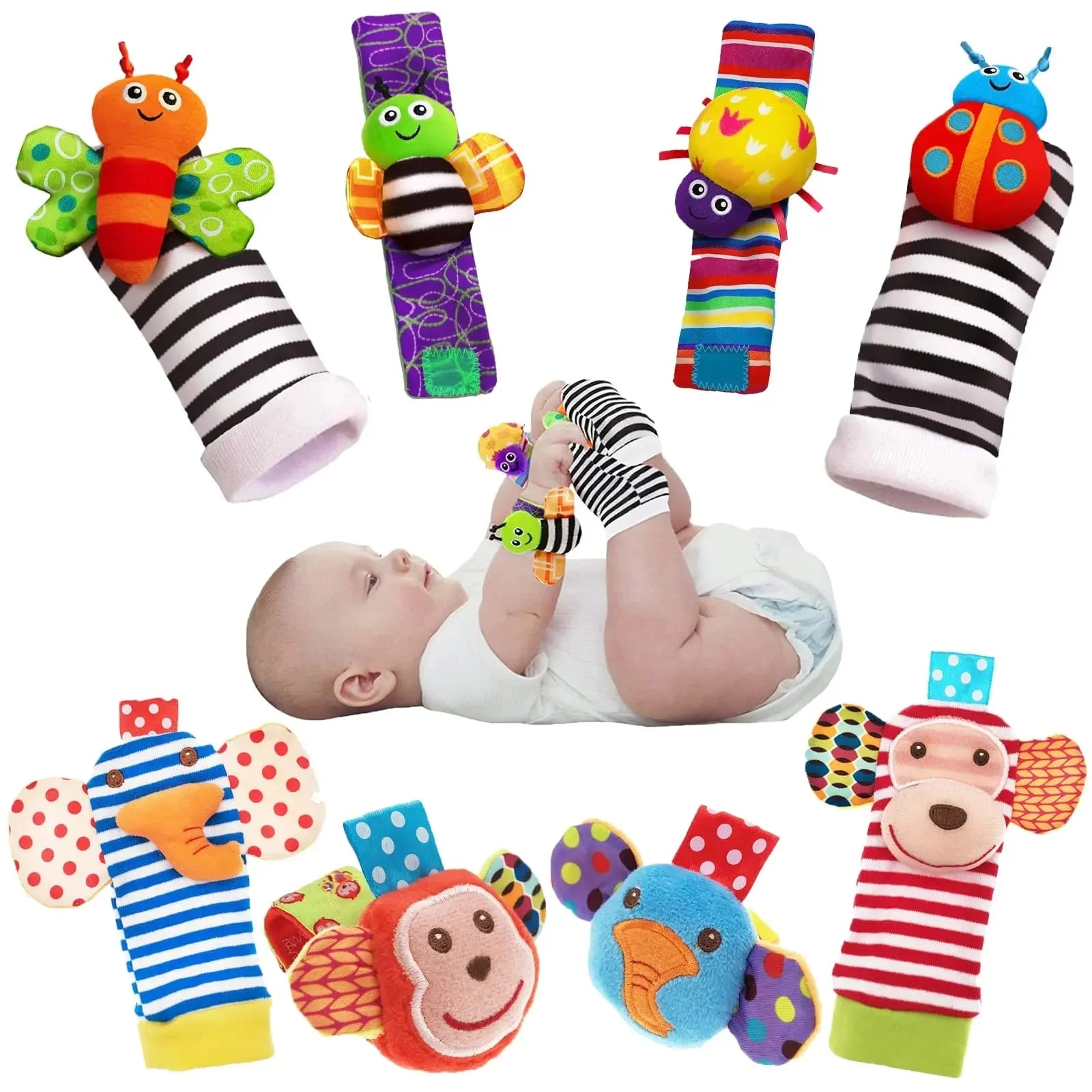 4Pcs Baby Rattle Toys Cute Stuffed Animals Wrist Rattle Foot Finder Socks 0~24 Months for Infant Boy Girl Newborn Gift