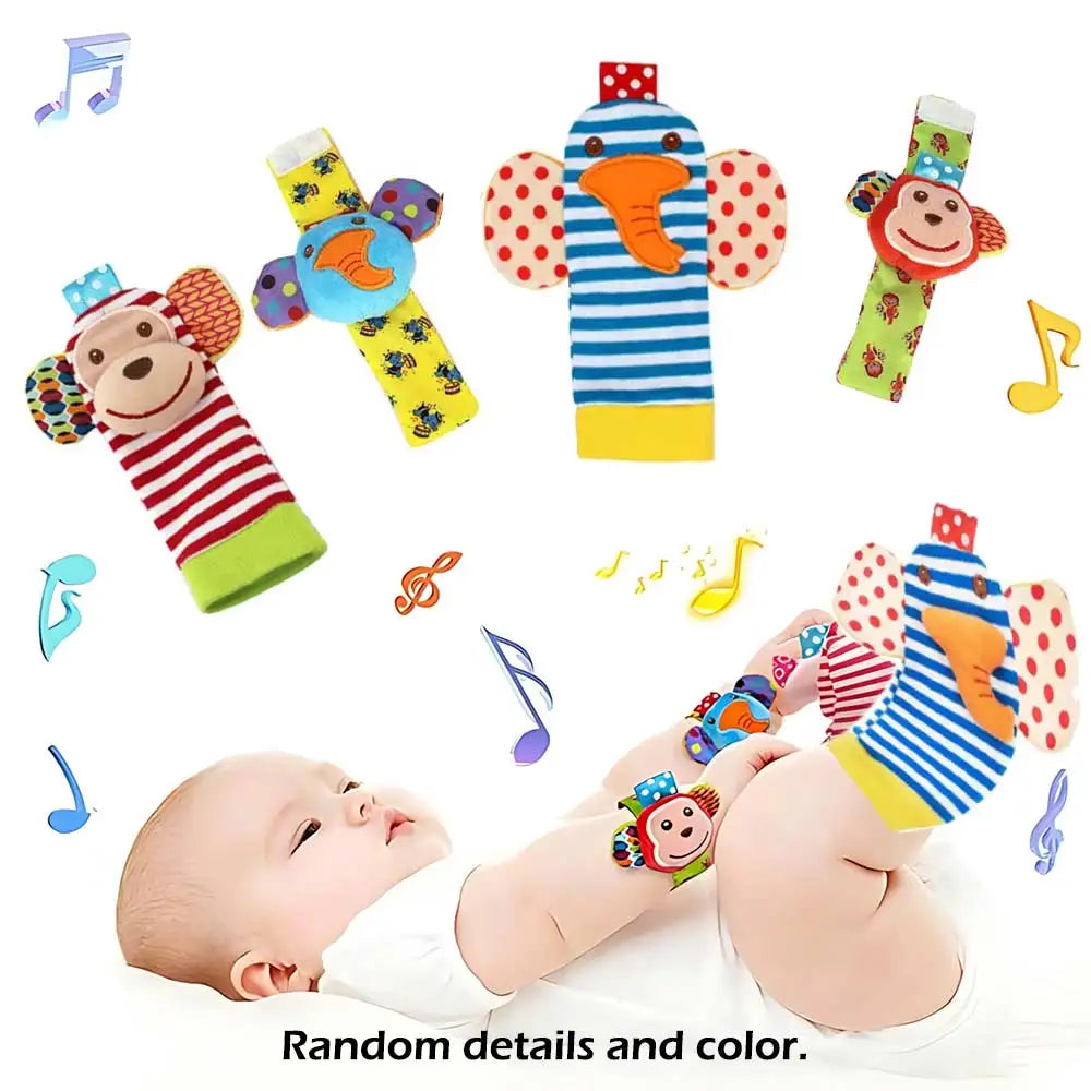 4Pcs Baby Rattle Toys Cute Stuffed Animals Wrist Rattle Foot Finder Socks 0~24 Months for Infant Boy Girl Newborn Gift