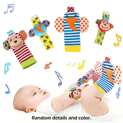 4Pcs Baby Rattle Toys Cute Stuffed Animals Wrist Rattle Foot Finder Socks 0~24 Months for Infant Boy Girl Newborn Gift