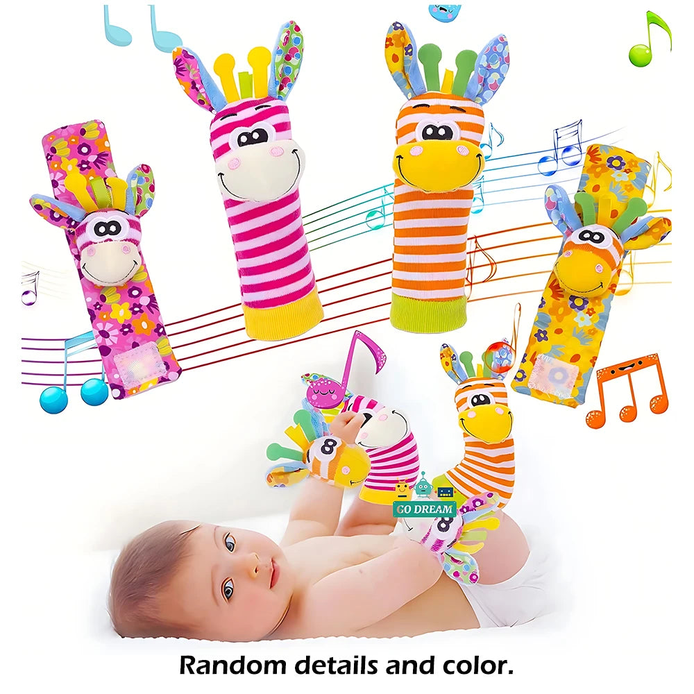 4Pcs Baby Rattle Toys Cute Stuffed Animals Wrist Rattle Foot Finder Socks 0~24 Months for Infant Boy Girl Newborn Gift