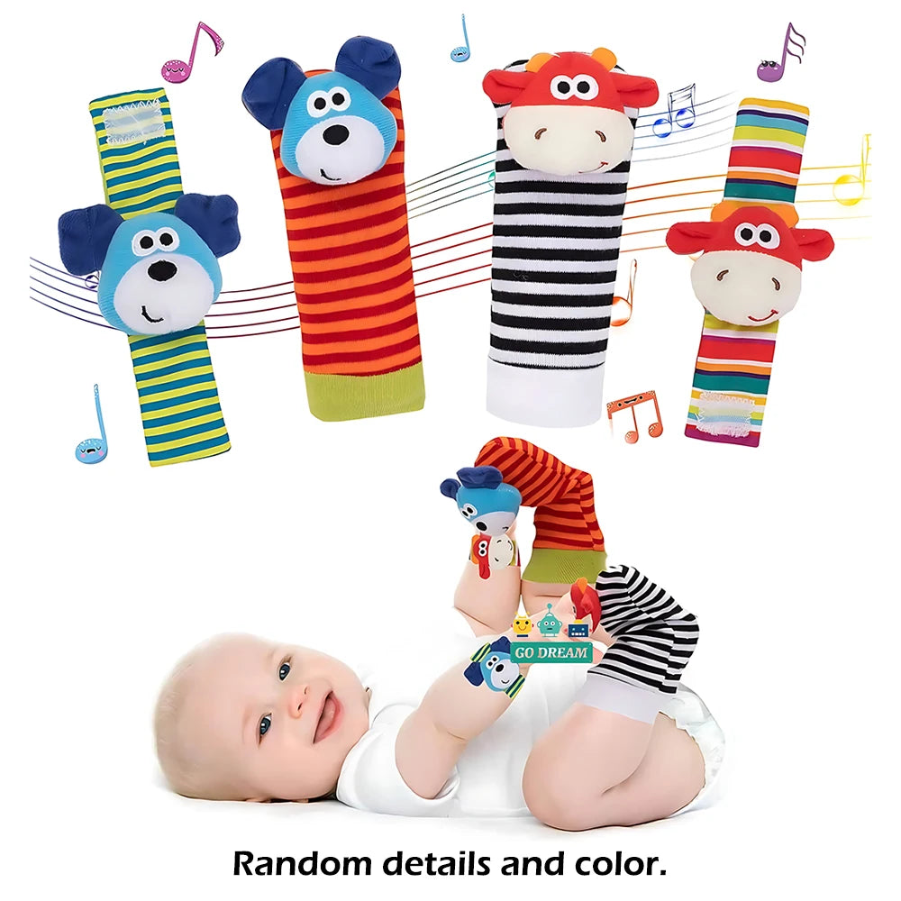 4Pcs Baby Rattle Toys Cute Stuffed Animals Wrist Rattle Foot Finder Socks 0~24 Months for Infant Boy Girl Newborn Gift